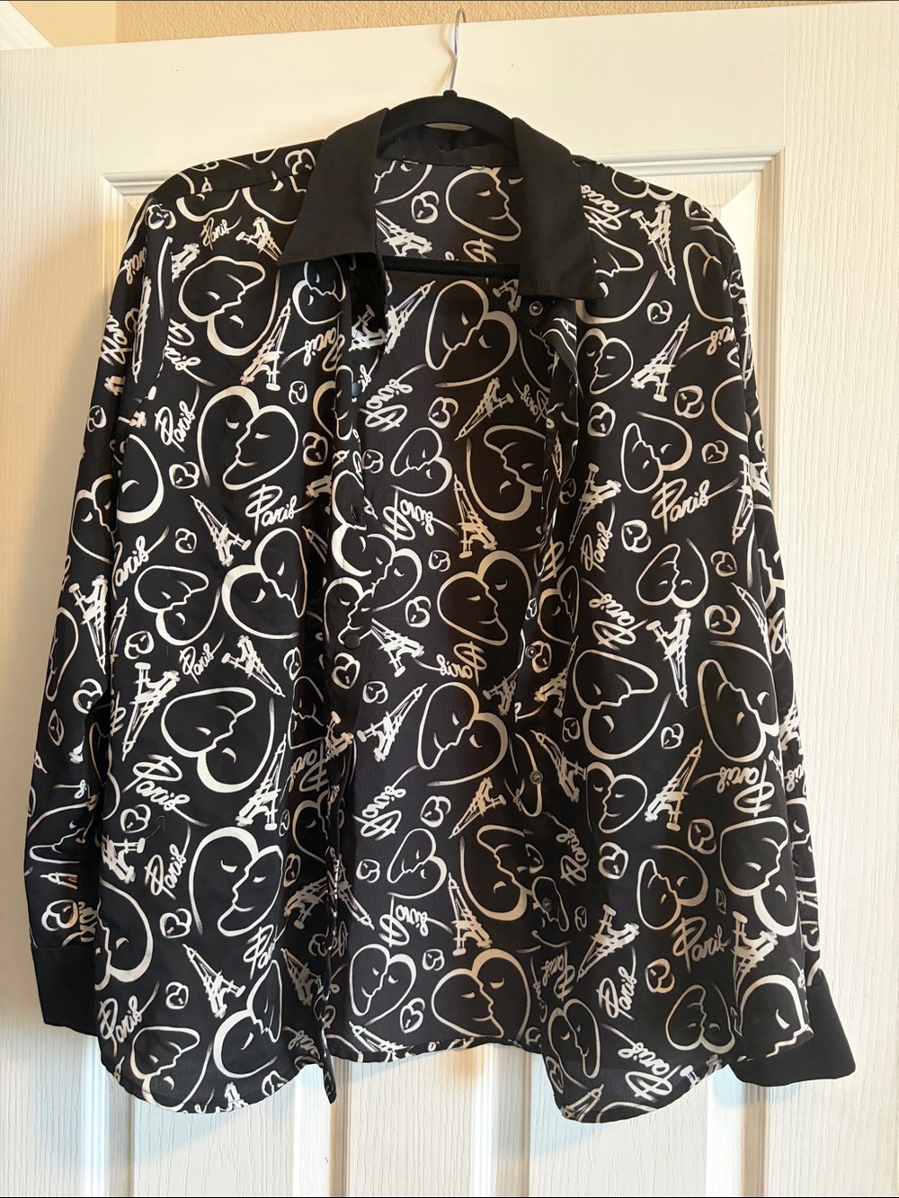 Black & White Paris Print Button-Down Shirt for Women